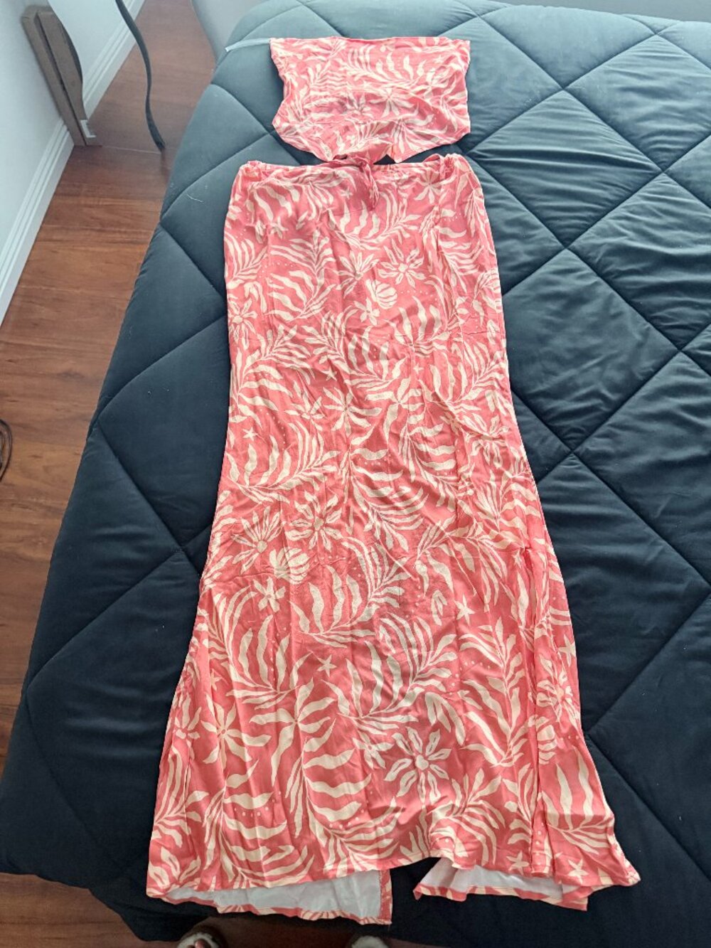 Tropical Floral Handkerchief Crop Top & Maxi Skirt Set Coral - M